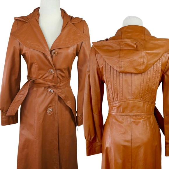 Vintage Boho 70's Leather Trench Coat with Hood Size S - Picture 1 of 14